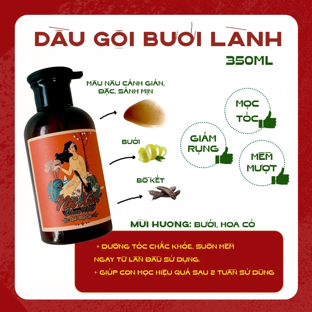 Dầu gội bưởi giảm rụng, mọc tóc thiên nhiên lành tính hiệu Quê Một Cục 350ml