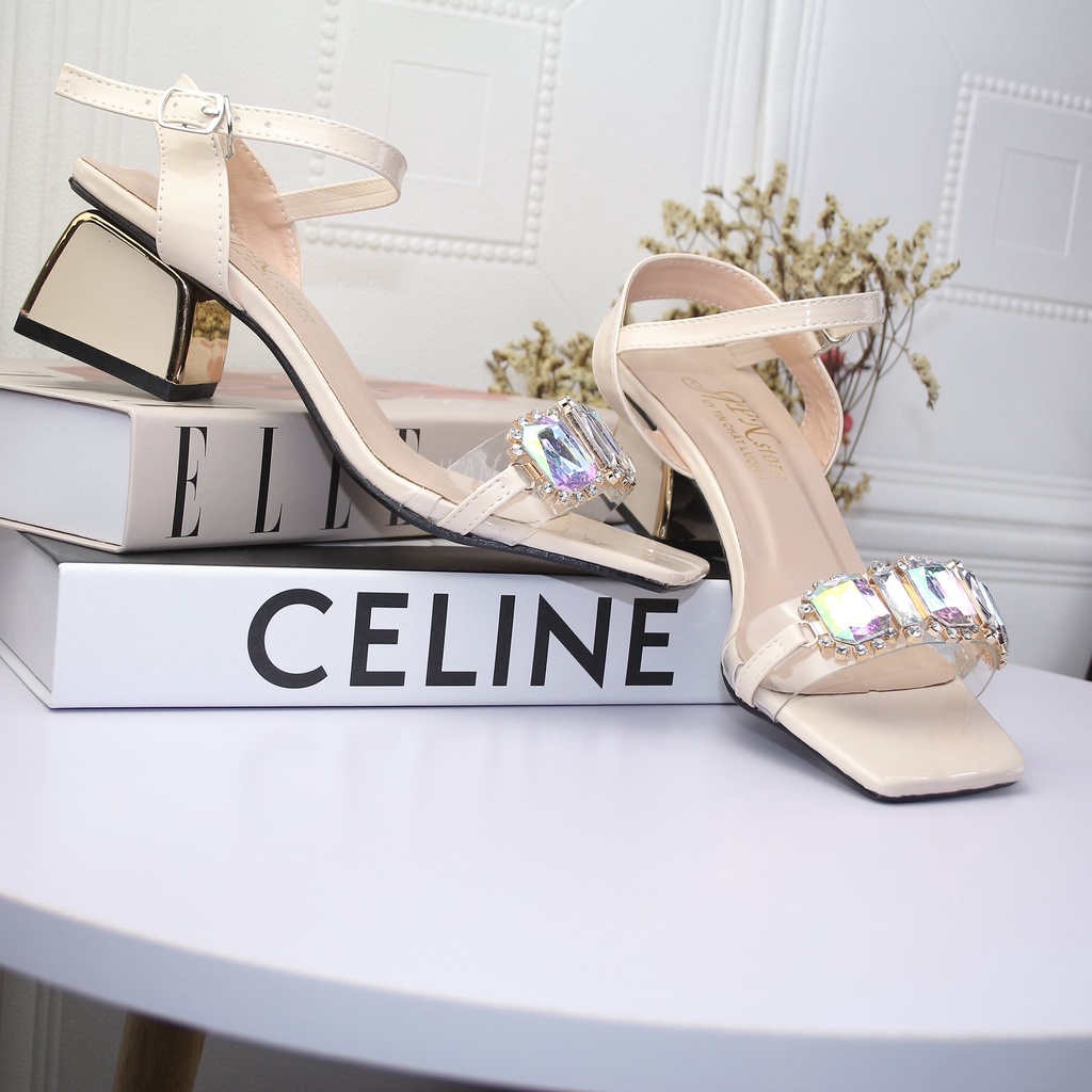 Giày cao gót vuông 5p quai trong phối khóa đính đá 7 màu SD34