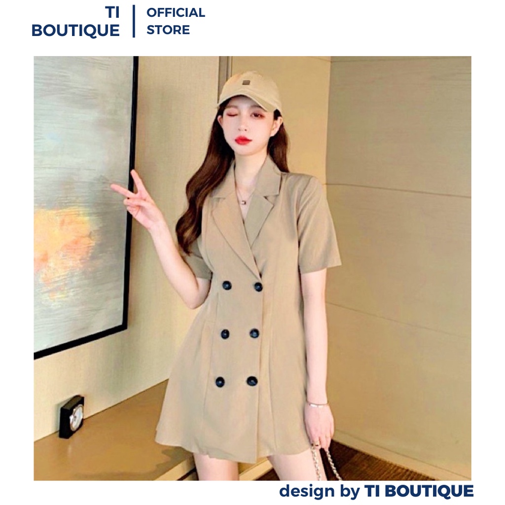 Đầm Nữ Thiết Kế Cổ Vest Phối Tay Ngắn Trưởng Thành, Đầm Công Sở Hai Hàng Nút Trước Thanh Lịch Trang Nhã