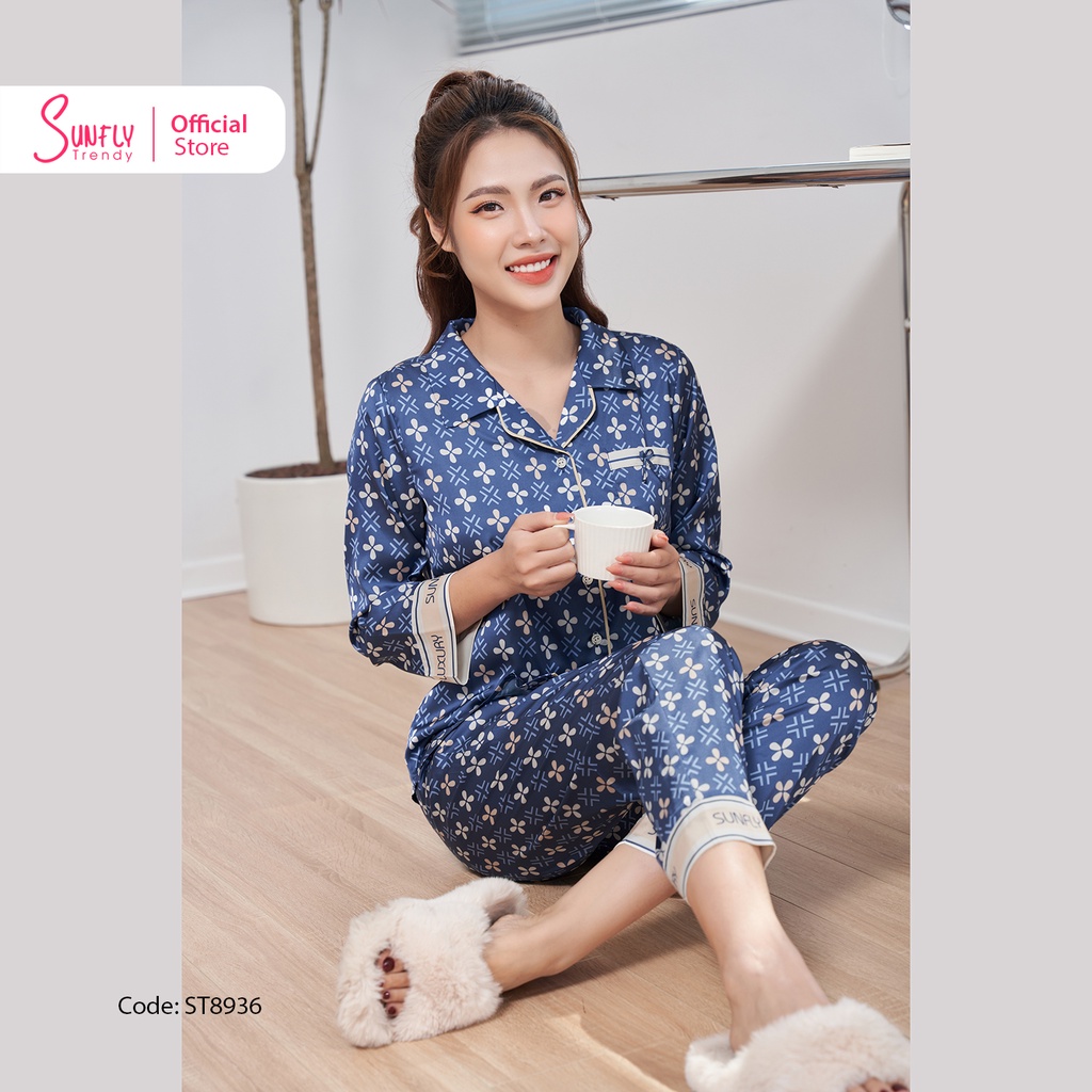 Bộ Đồ Mặc Nhà Nữ Pyjamas Lụa SUNFLY Áo Dài Quần Dài ST8936