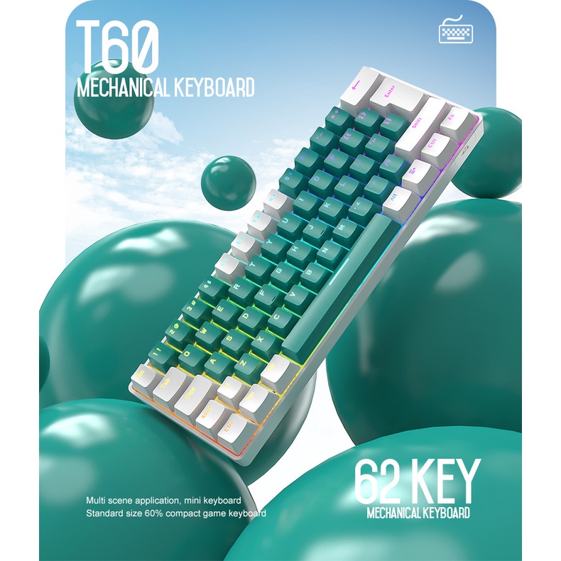 Bàn Phím Cơ Royal Kludge RK61 PRO Gaming,Bàn phím cơ chơi game Wolf T60 62 phím led rainbow, phù hợp cho PC và Laptop