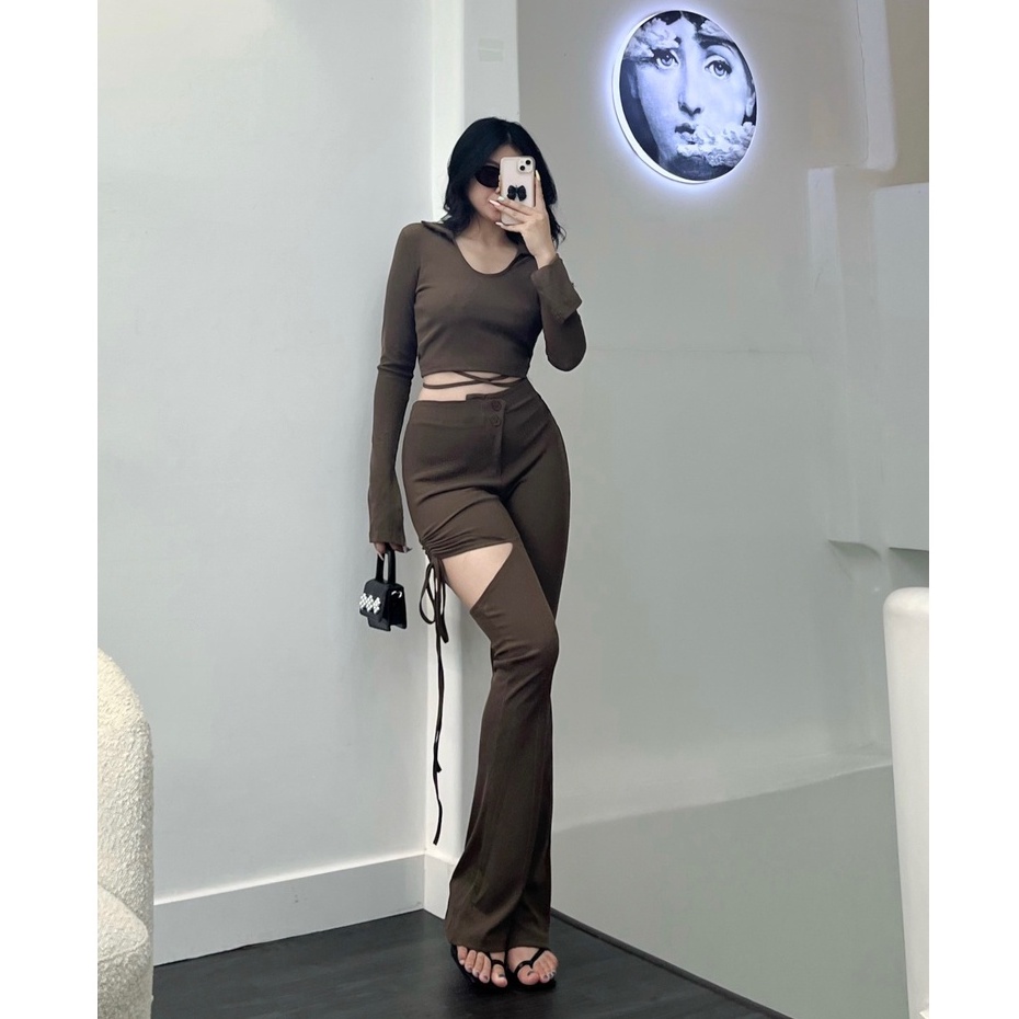 Set Croptop Dây Đan Chéo Eo Tay Loe + Quần Ôm Loe Cut Gối Dây Rút LSEOUL B1204