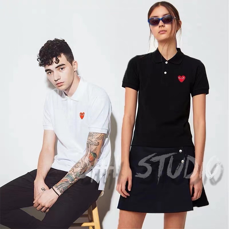 Áo thun polo Rei Kawakubo tay ngắn in hình trái tim Chuan Jiu phong cách Nhật Bản cho cặp đôi/ nam nữ