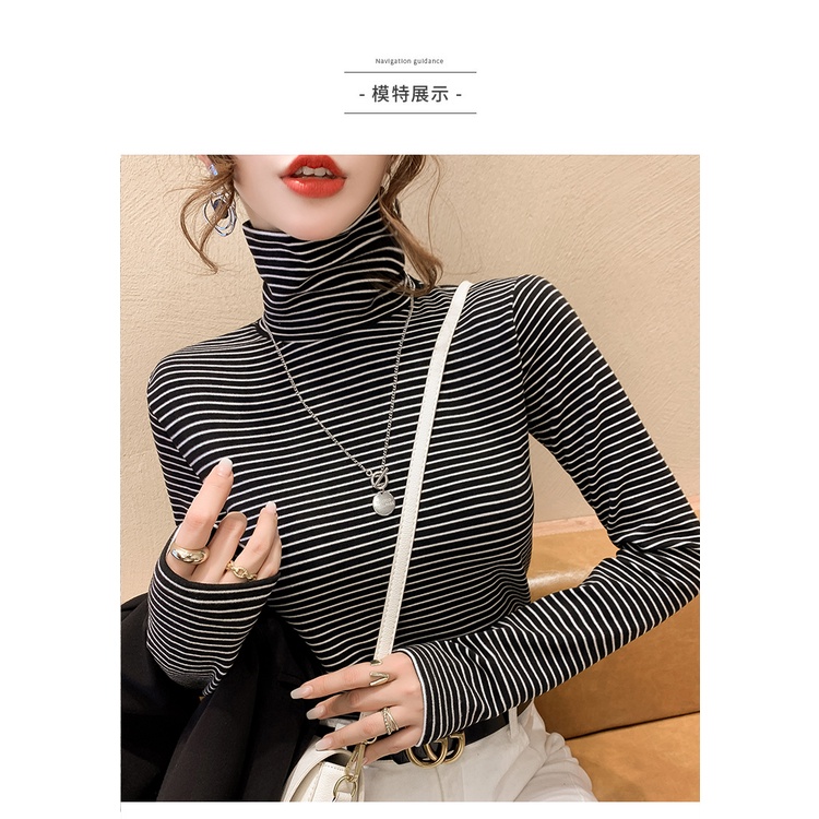 Áo Thun Cổ Cao Họa Tiết Kẻ Sọc Phối Lông Thời Trang Mùa Thu Mới Cho Nữ