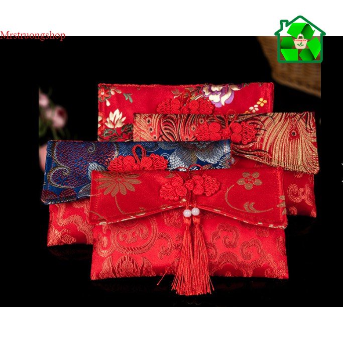Phong Bì Đỏ Thổ Cẩm thêu Hoa Cưới Hỏi, Nạp Tài - Bao Lì Xì Gấm Hoa Văn Cao Cấp