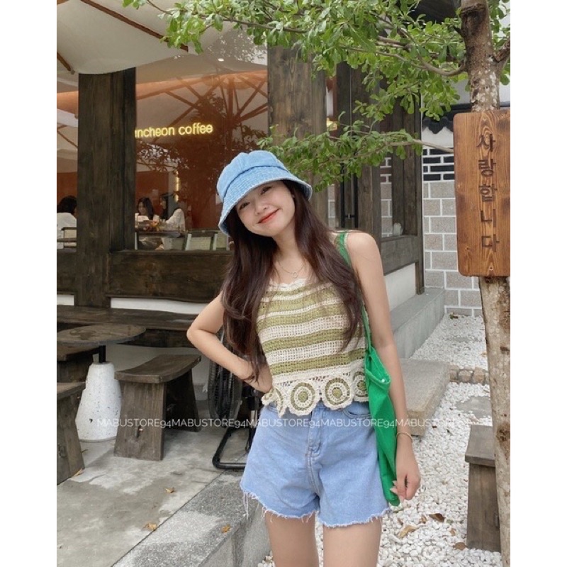 Áo len crop thổ cẩm hai dây bản to siuuu xinhh (Ảnh thật)