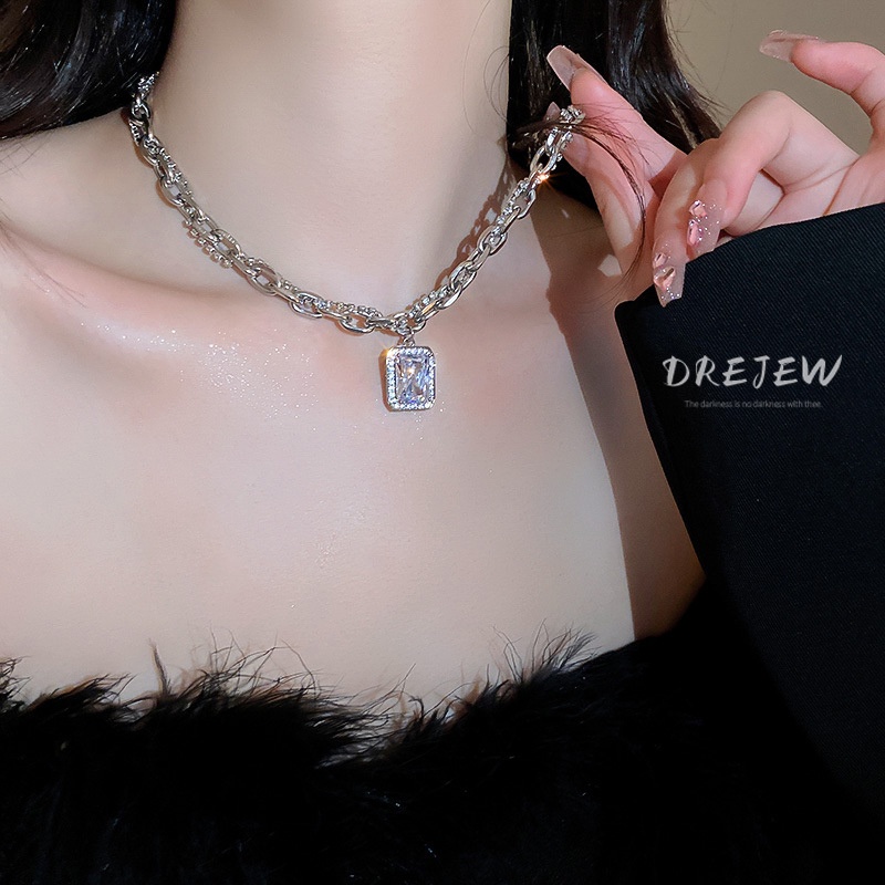 Dây chuyền DREJEW nhiều lớp mặt vuông đính đá zircon phong cách Âu Mỹ sang trọng