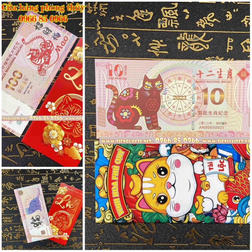 Set 3 tờ Lì xì Tiền in hình con mèo Macao 100,10 Trung Quốc năm 2023