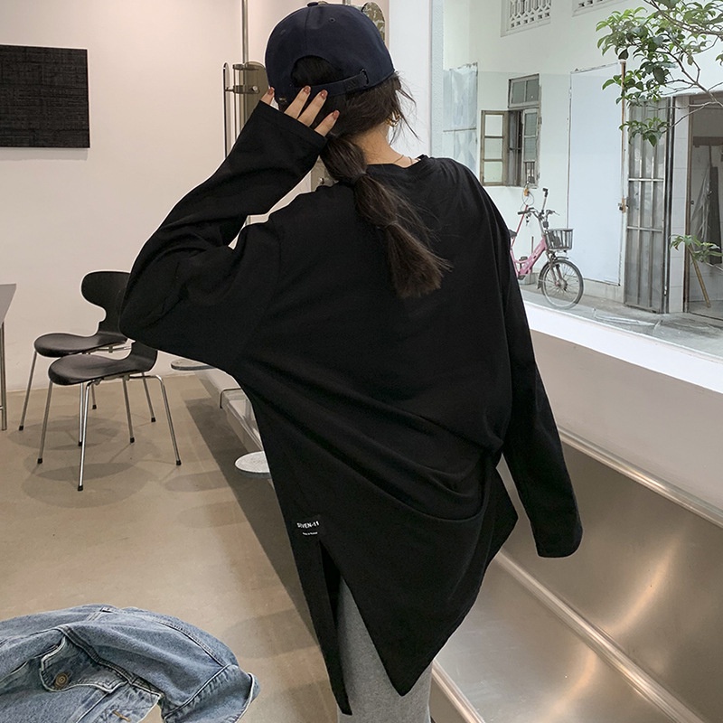 IELGY Áo Thun Dài Tay Xẻ Tà Thời Trang Hàn Quốc Cho Nữ