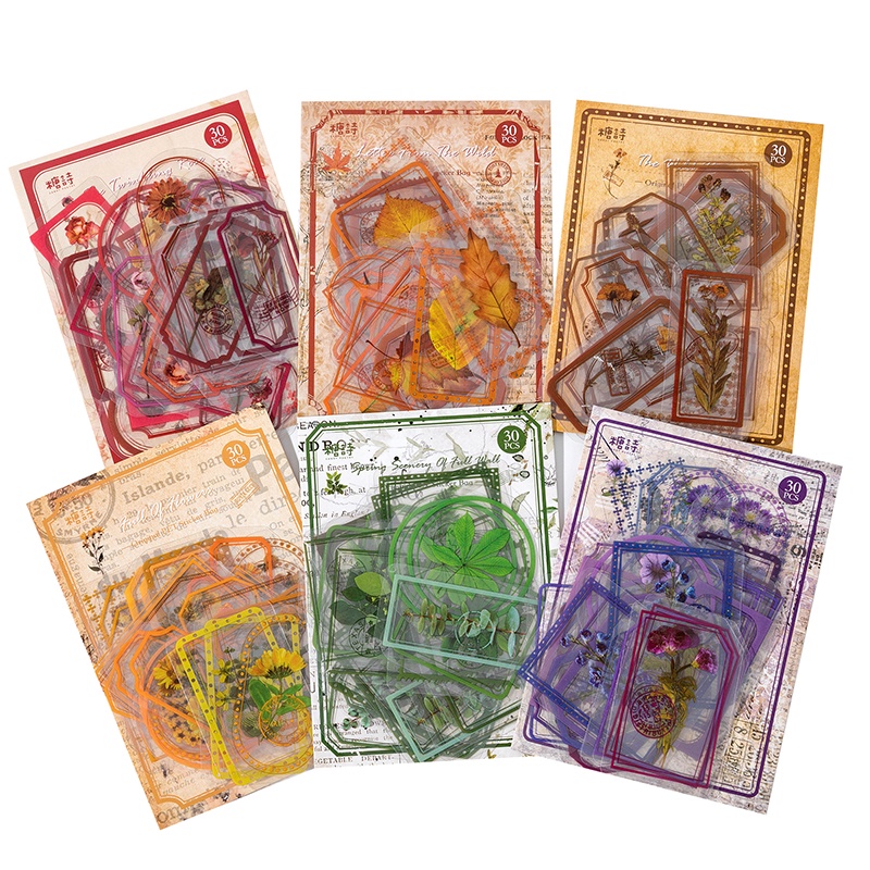 Bộ 30 Sticker Giấy Dán Trang Trí Sổ Tay Chống Nước In Hình Cây Cối Phong Cách Retro