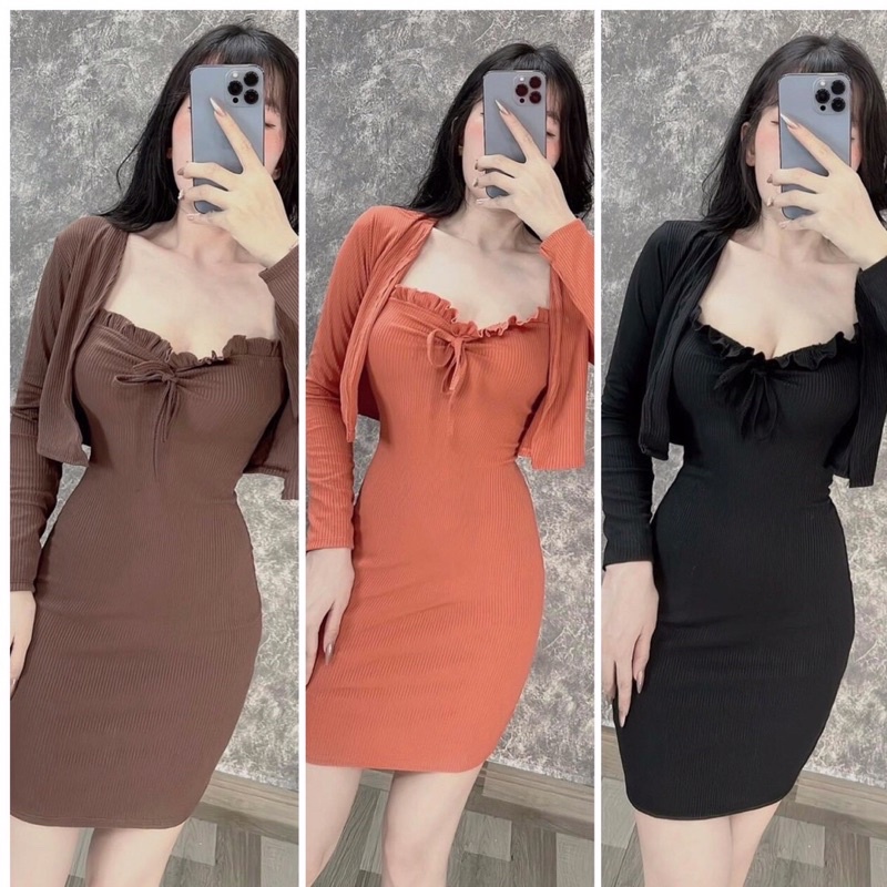 Đầm body hai dây form ngắn dây nơ ngực kèm áo khoác chất thun gân thích hợp mặc đi làm đi chơi phong cách hàn