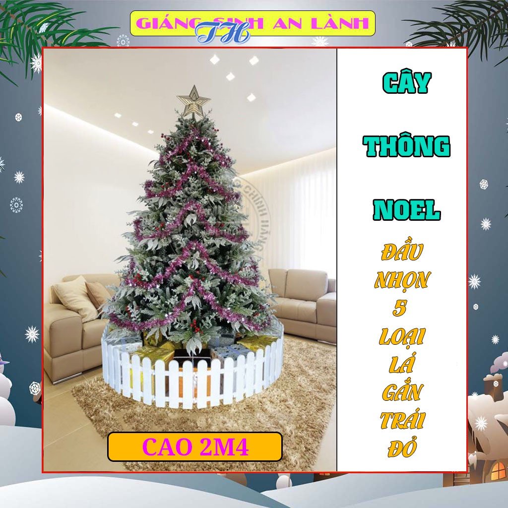 Cây thông noel 2m4 mẫu đầu nhọn 5 loại lá phủ tuyết gắn trái đỏ trang trí phòng ngủ, phòng khách mùa giáng sinh