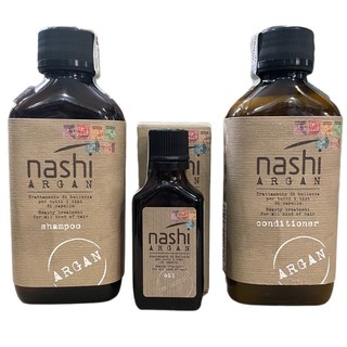 Combo gội xả và tinh dầu Nashi Argan phục hồi tóc hư tổn 200mlx2/30ml ( set du lịch)