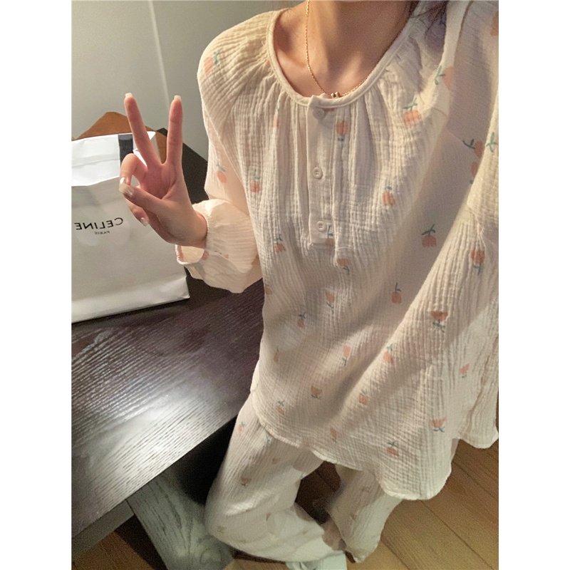 BN18_Bộ ngủ pijama dài tay chất muslin hoạ tiết hoa nhí đáng yêu phong cách Hàn Quốc