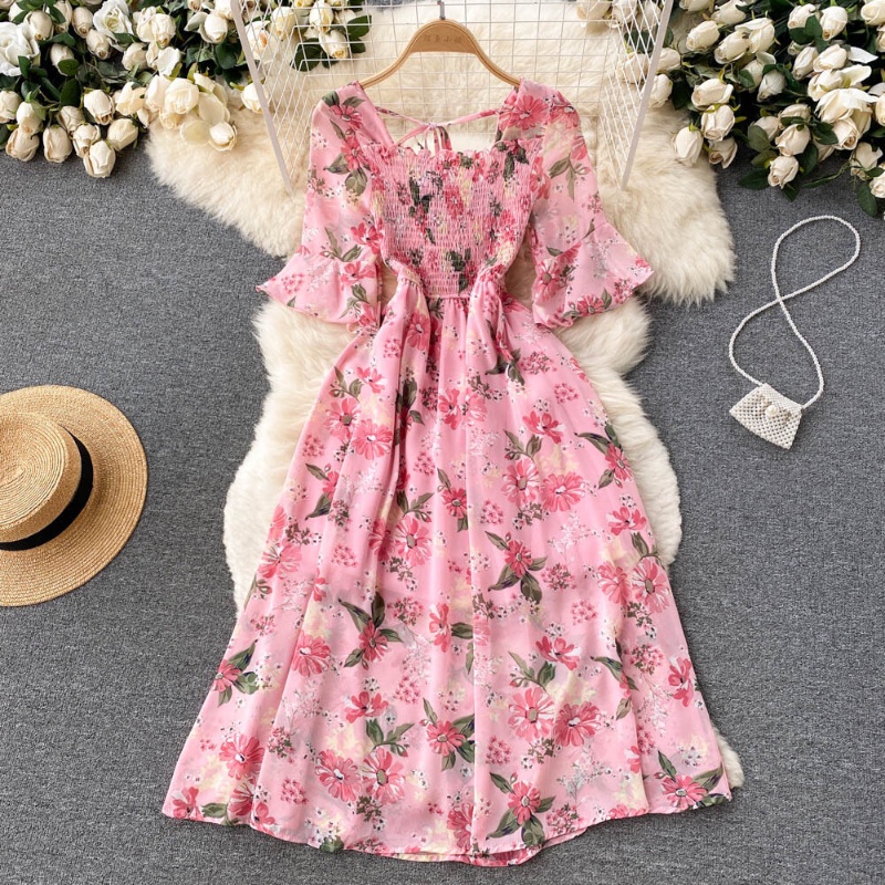 Đầm Chiffon Dáng Chữ A Cổ Vuông Tay Loe Thời Trang Mùa Hè Cổ Điển Cho Nữ