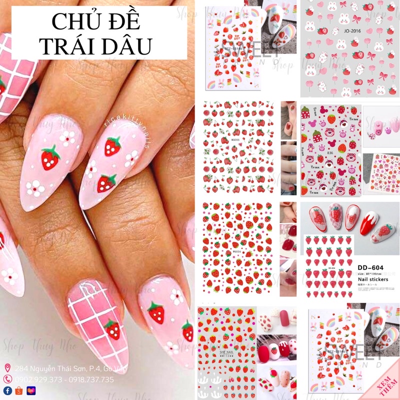 Sticker, hình dán móng hoạ tiết trái dâu dễ thuơng trang trí móng tay nghệ thuật chuyên nghiệp nail