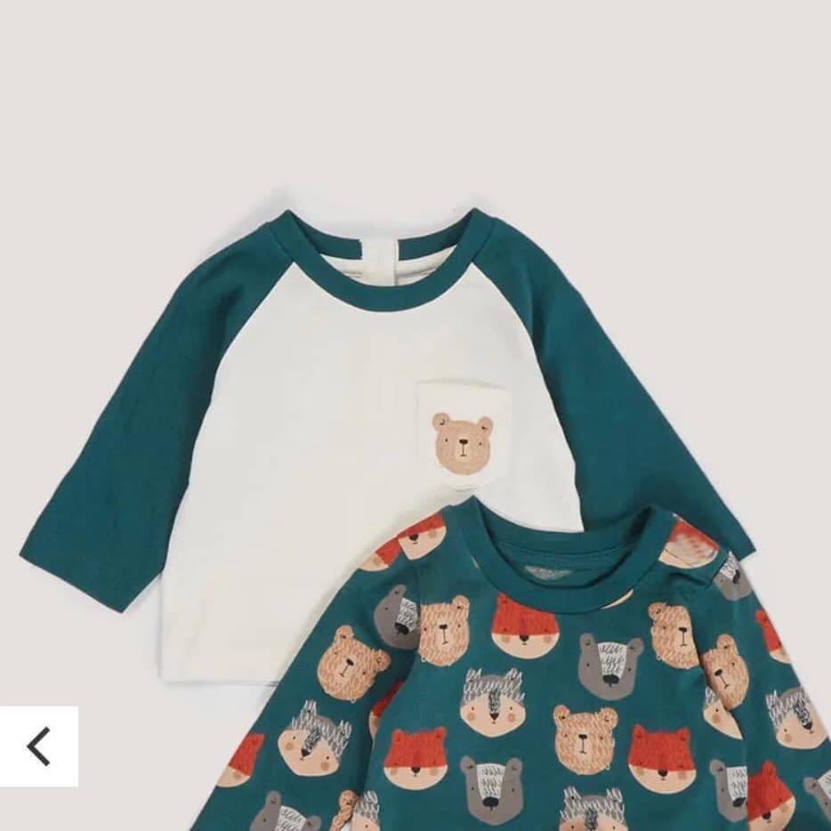 Set 2 bộ dài tay cho bé màu xanh lá họa tiết gấu