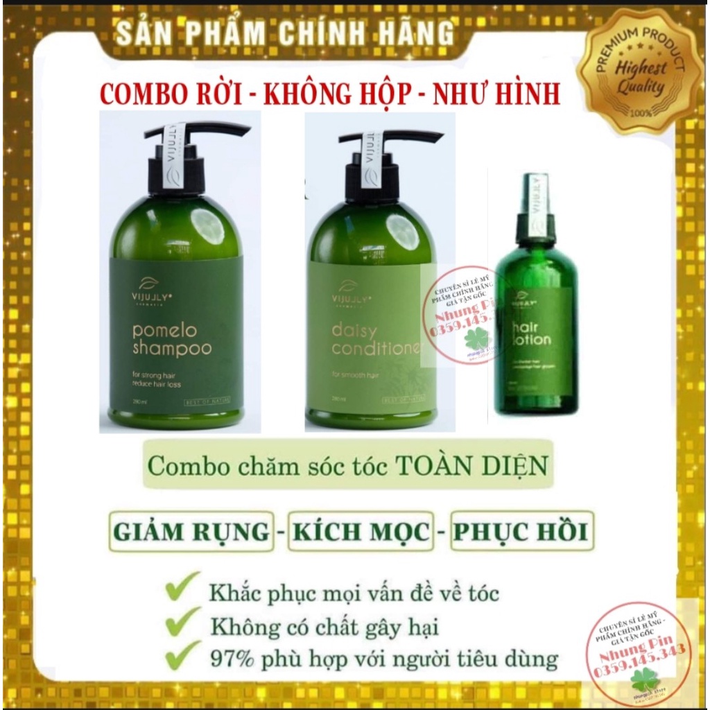 Combo Dầu Gội Bưởi Vijully chính hãng - Xịt tinh dầu kích mọc tóc, dầu xả và dầu gội Vi Jully