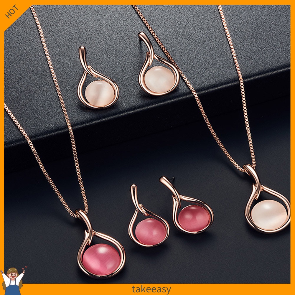 |Ta-ea| Bộ Vòng cổ + Bông Tai Hình Tròn Đính Đá Opal Nhân Tạo Cho Nữ