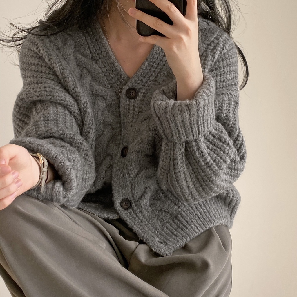 Porozi  Áo Khoác Len Nữ Dài Tay Cổ Chữ V Kiểu Hàn Quốc