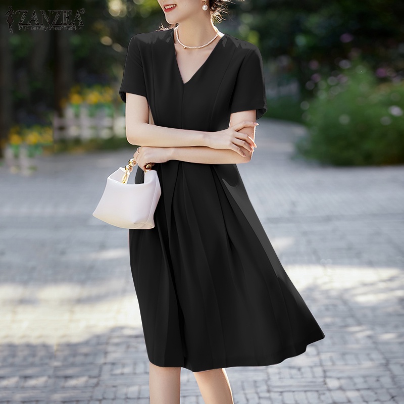Đầm ZANZEA ngắn tay cổ chữ V xếp ly lưng cao vừa phối khóa kéo thời trang thanh lịch cho nữ
