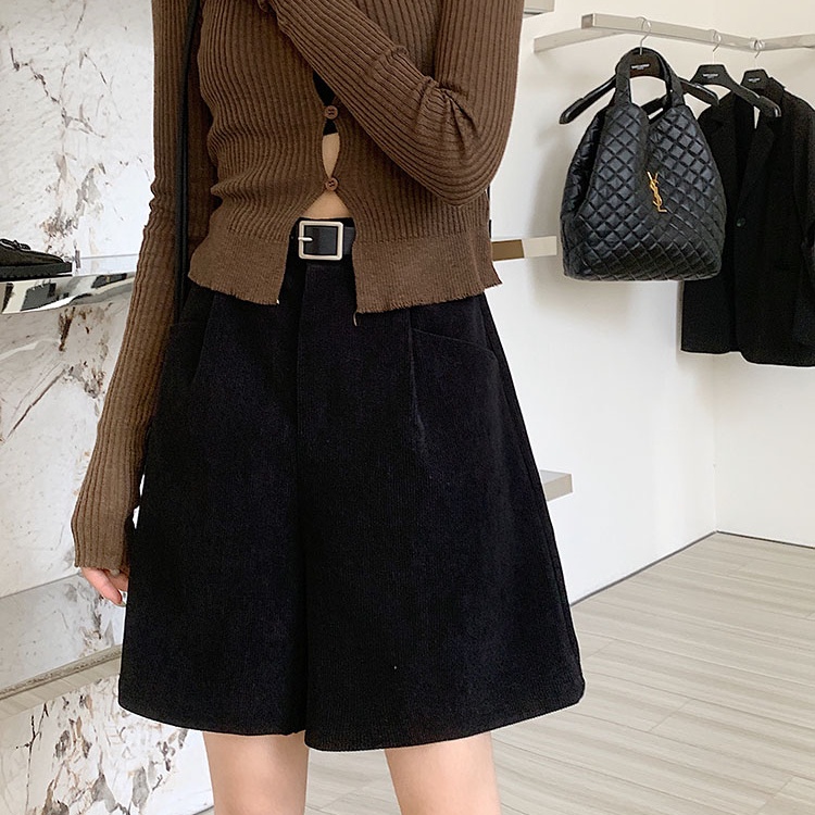 Quần short SUXI nhung kẻ lưng cao dáng rộng thời trang mùa thu cho nữ