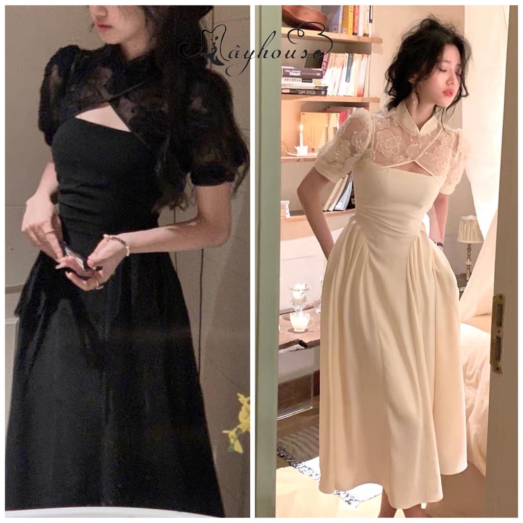 {Sẵn+Ảnh video Thật} Đầm Váy 2 Dây Tà Bồng Xếp Ly Phối Cổ Ren Sườn Xám Cách Tân Hàng QC