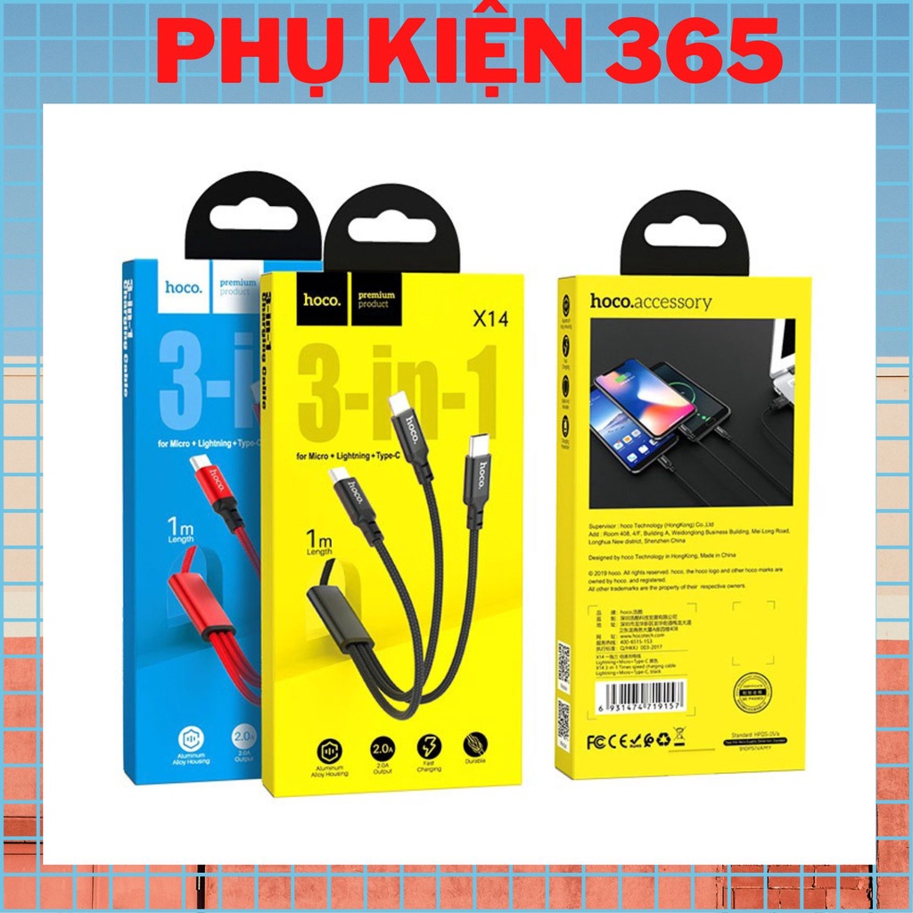 Cáp Sạc Đa Năng Dây Dù 3 Đầu X14 3 in 1 Chính Hãng - Dài 1m Chống Đứt