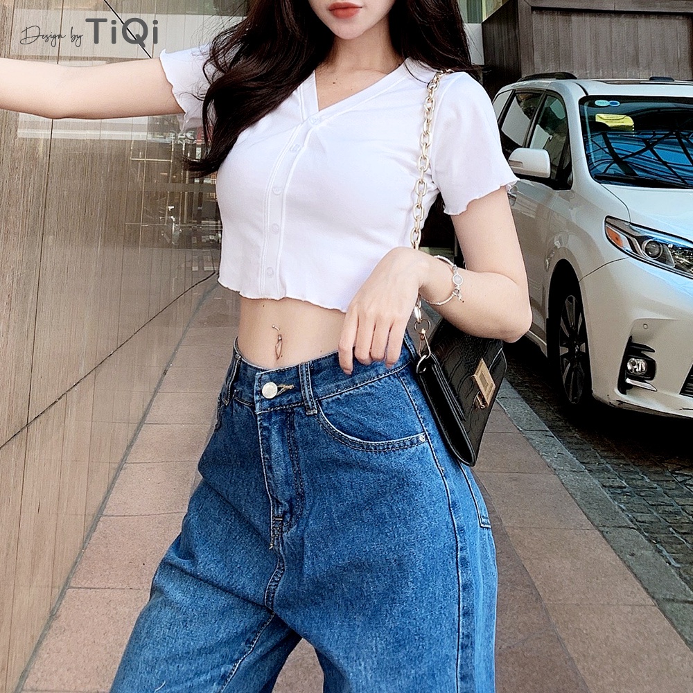 Áo croptop thun tay ngắn cổ tròn nút giữa nhiều màu TiQi Jeans A102