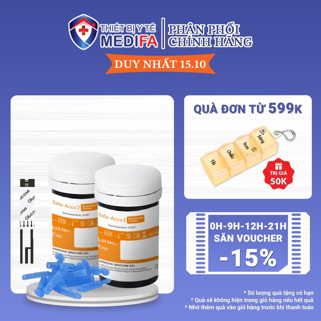 Hộp 50 que Thử Đường Huyết Safe Accu 2 Chính Hãng Sinocare + 50 Kim Chích Máu