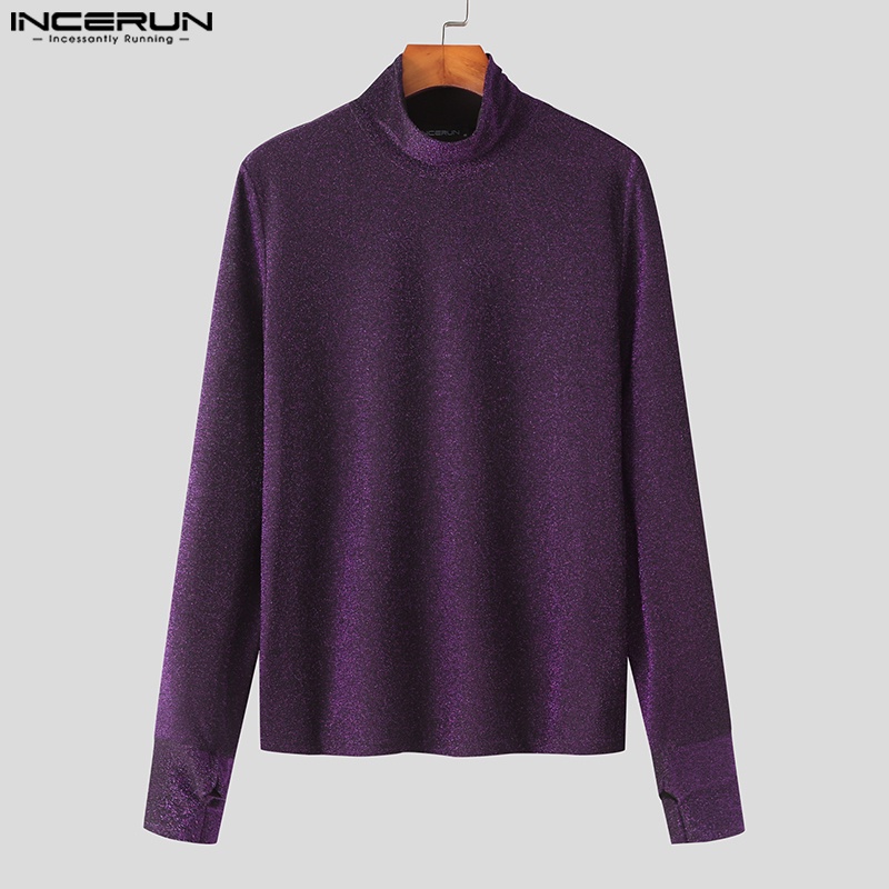 Áo thun INCERUN tay dài cổ lọc màu bạc/tím phong cách mùa thu thời trang sành điệu cho nam