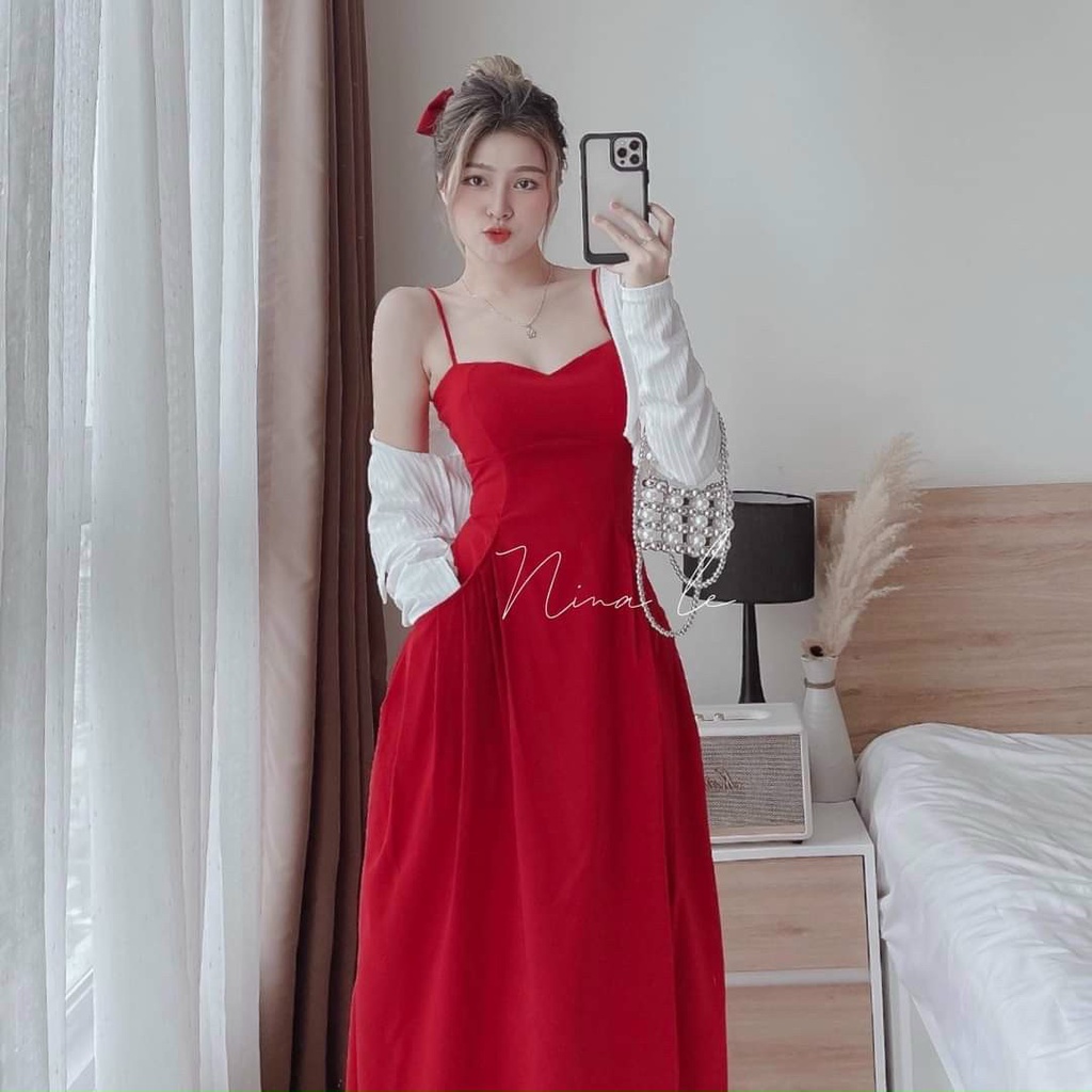 Váy đầm nữ hai dây dạ hội dáng dài phối màu đổ kèm áo ngoài tăm gân thanh lịch