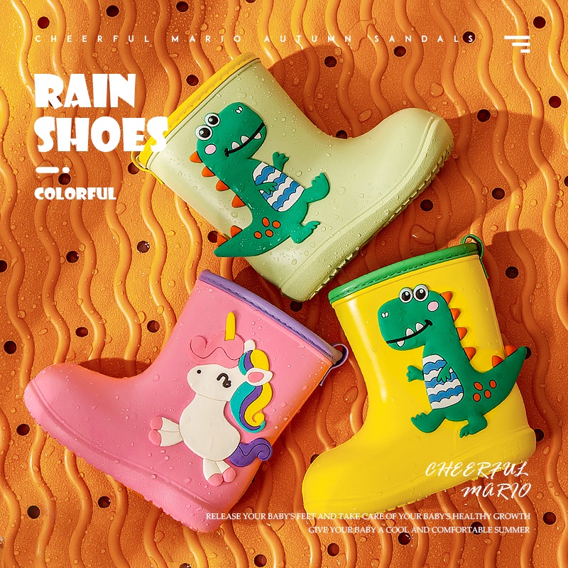 Cheerful Mario 2022 Ủng Đi Mưa Chống Trượt Chống Thấm Nước Họa Tiết Khủng Long Hoạt Hình Cho Bé