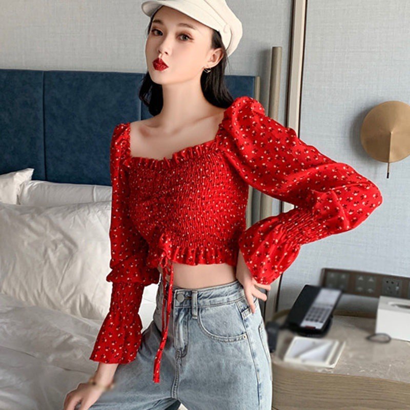 IELGY Áo Sơ Mi chiffon Cổ Vuông Viền Gỗ Dài Tay Phong Cách vintage Cho Nữ
