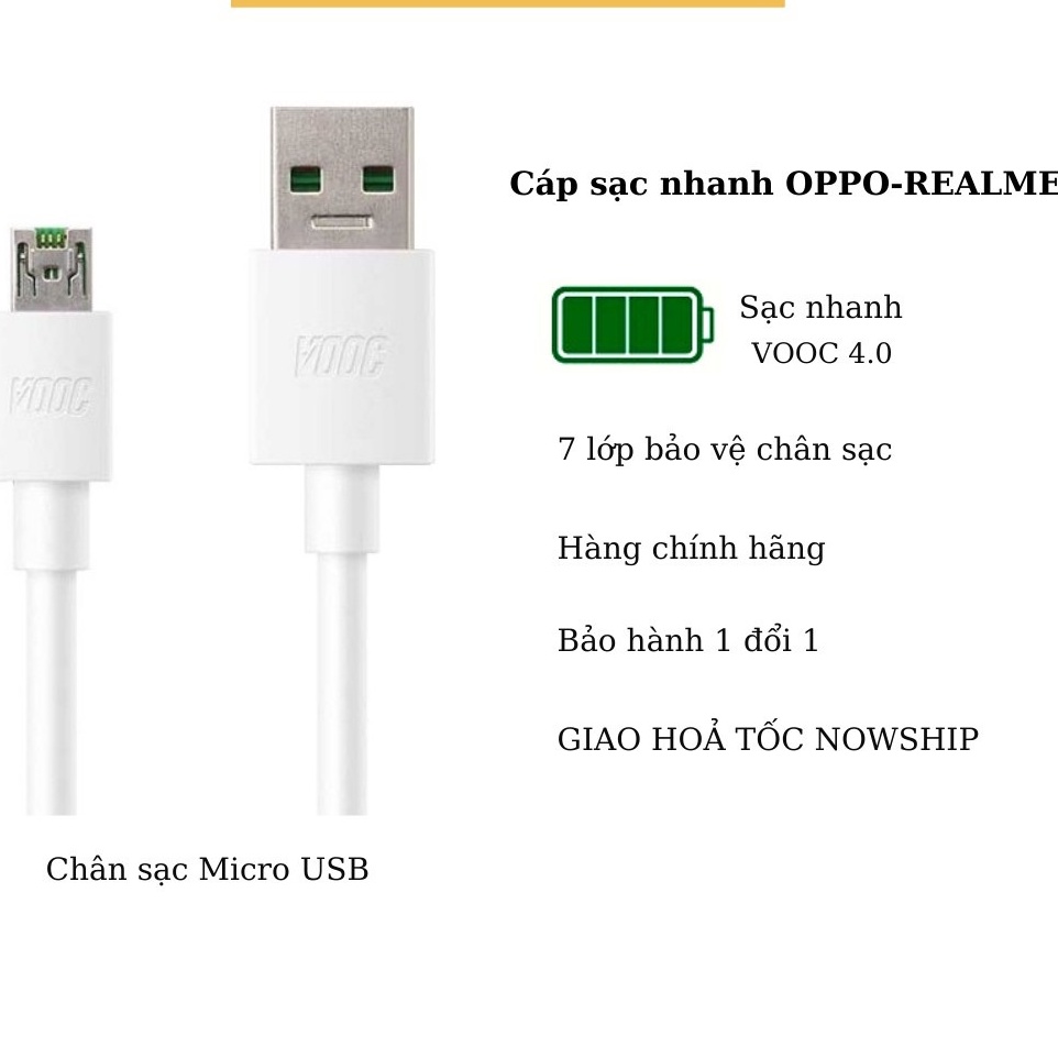 Cáp Sạc Oppo 4A , Chuẩn Vooc Chân Micro USB Cho Điện Thoại Lõi Xanh Lá Cây