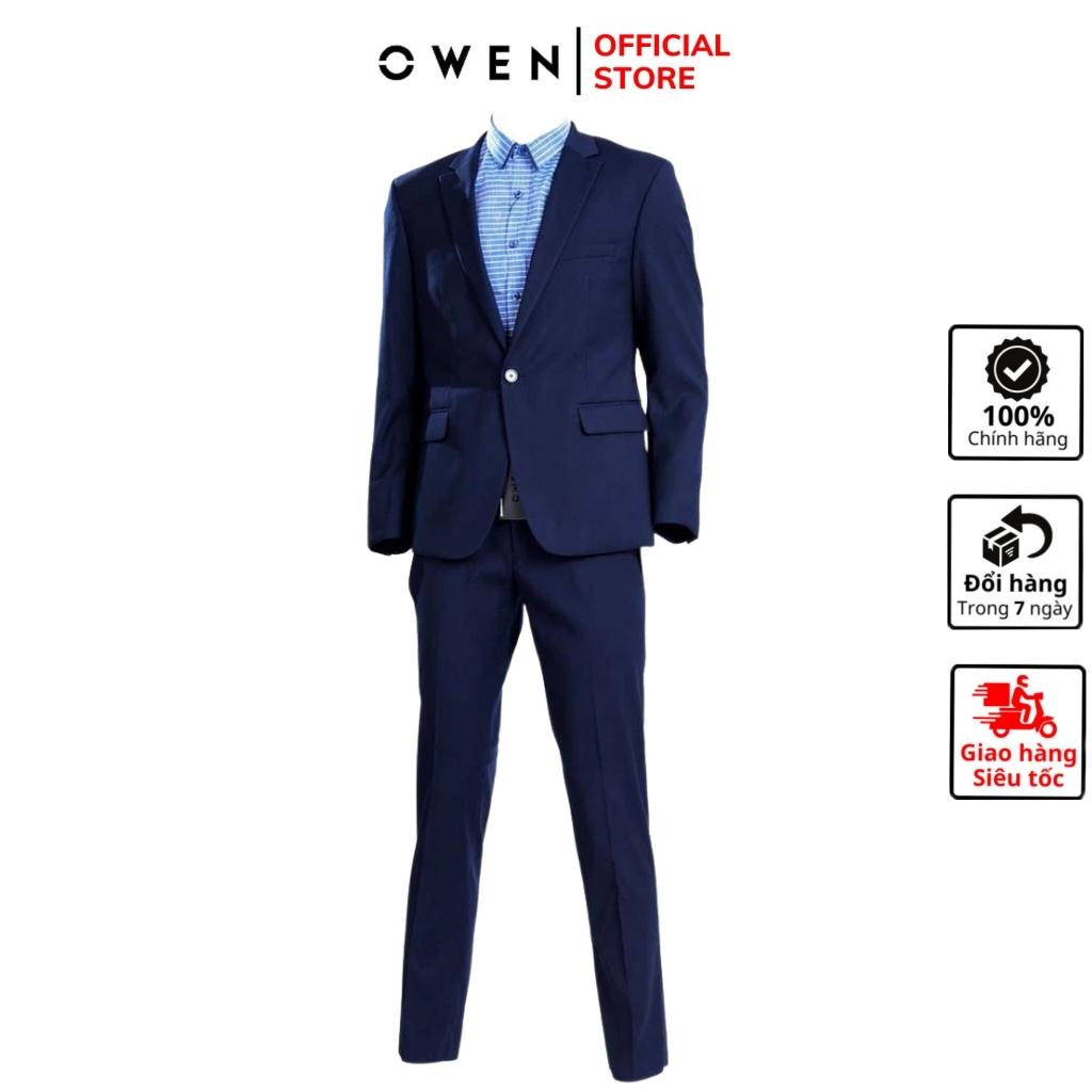 Bộ suit veston công sở nam cao cấp OWEN VEL80641 áo vest comple màu xanh đậm vải polyester dáng suông một cúc tà xẻ hông