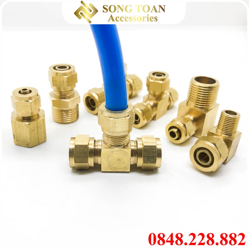 Tê Chia 3 Đầu Cắm Lòng Trong Ống PU Có Nón Rắc Co Xiết Thành Ống - Bằng Đồng Thau Phù Hợp Cho Hơi Khí Chất Lỏng