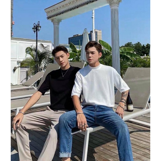 Áo thun nam trơn cổ cao mùa hè, phong cách trưởng thành nam tay lửng