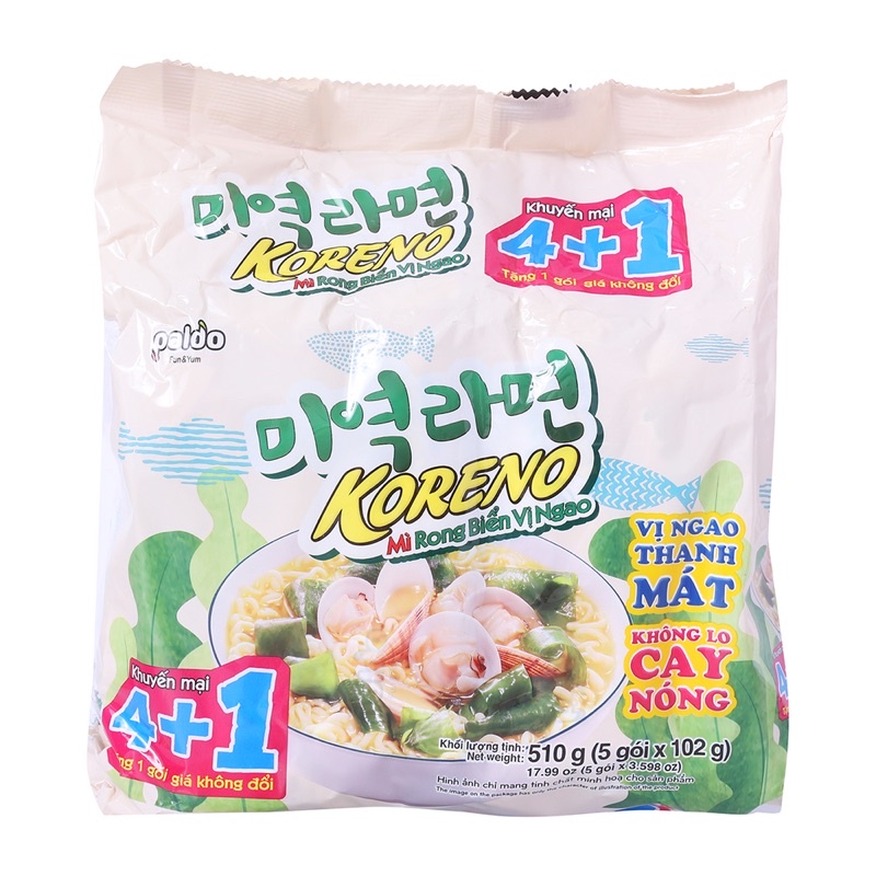 Lốc 4+1 gói mì rong biển vị ngao koreno 102g