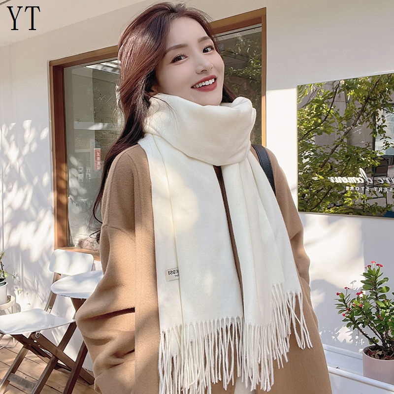 Khăn Choàng Cổ Vải Cashmere Cao Cấp Dày Dặn Màu Trắng Sữa Dễ Phối Đồ Phong Cách Nhật Bản