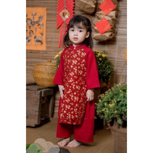 Áo dài  cách tân hoa nhí nhung tăm  xinh xắn bé gái