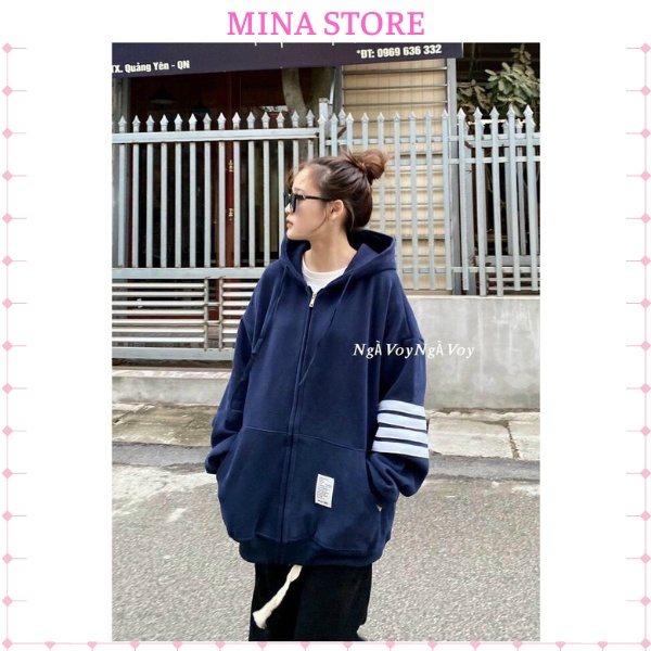 Áo Hoodie Nỉ ngoại  Nữ có nón tay 3 sọc From Rộng chất Vải Dày Dặn Ấm Áp - Minastore