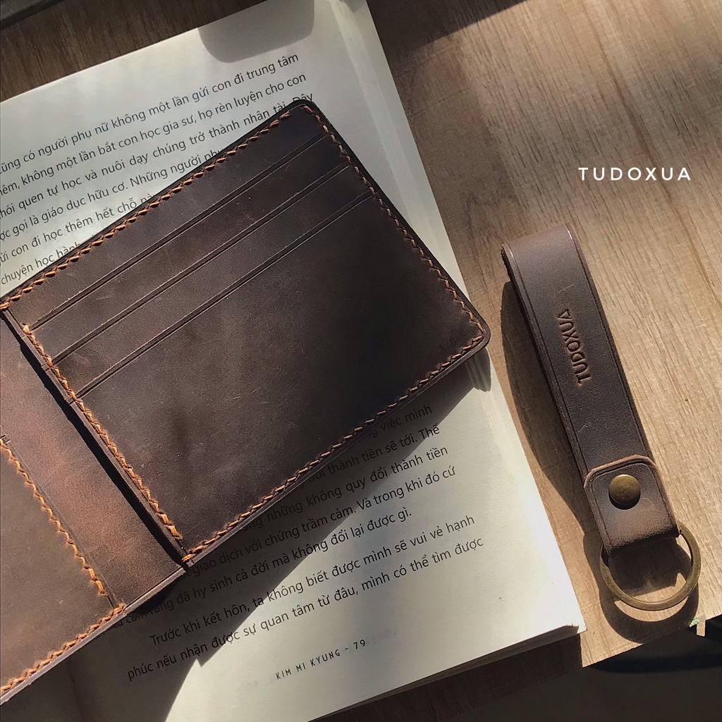 Ví da nam khắc tên theo yêu cầu, chất liệu da bò thật, tặng kèm móc khóa da,làm quà tặng sinh nhật