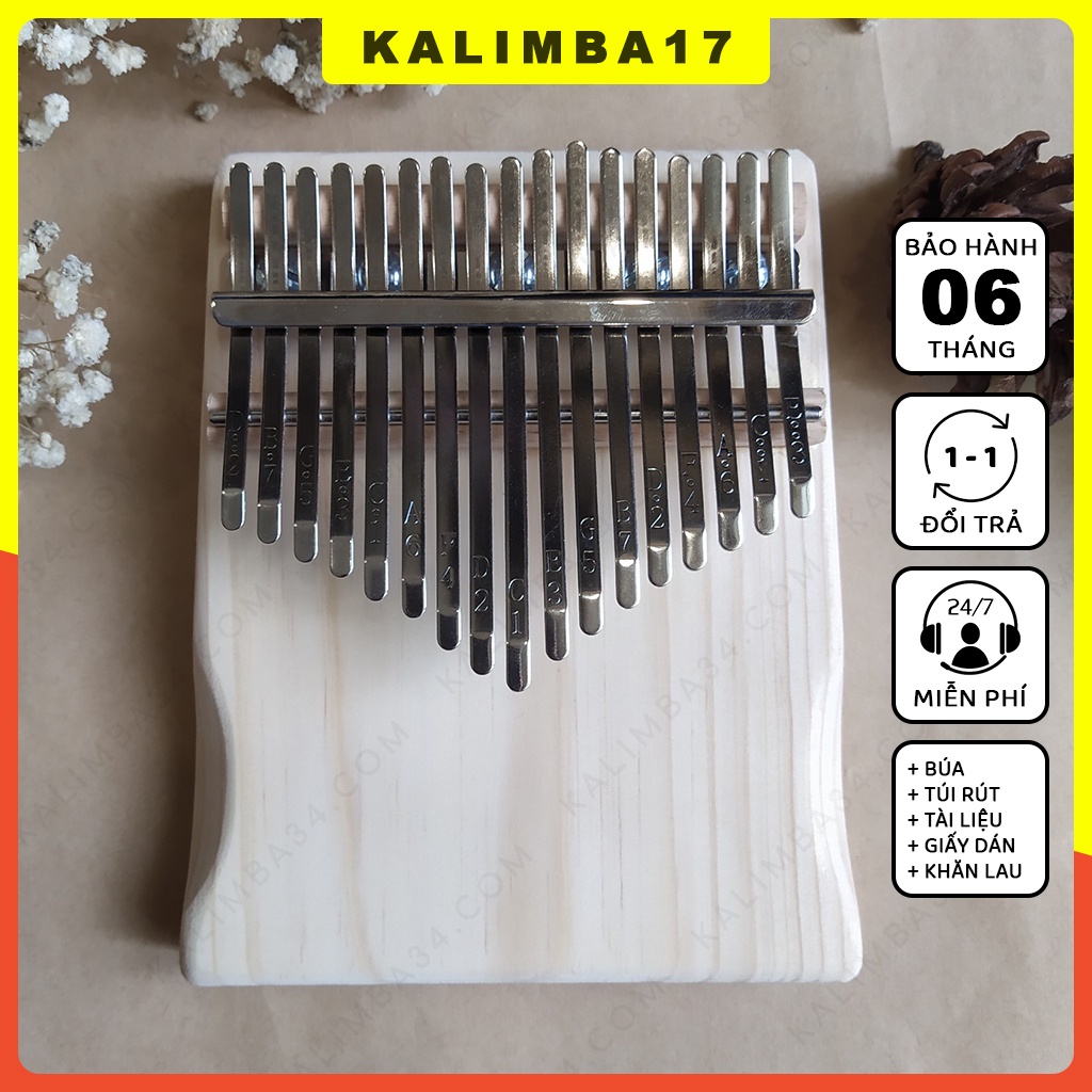 Nhạc cụ cho bé chơi đàn kalimba 17 phím gỗ tự nhiên nguyên khối, đồ chơi gỗ cho bé tập chơi piano ngón tay cái