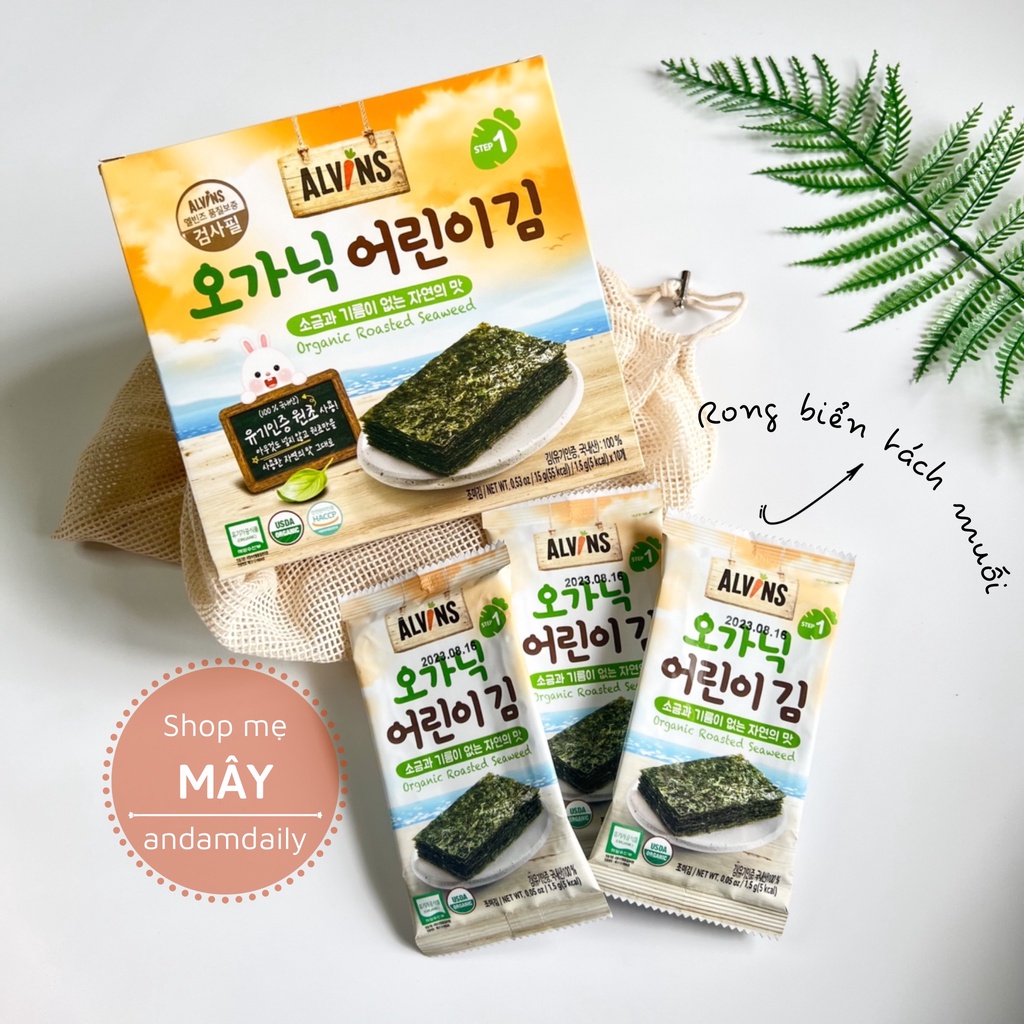 Snack rong biển hữu cơ tách muối Alvins Hàn Quốc cho bé ăn dặm (Hộp 15g) - Mẹ Mây - Ăn dặm Daily