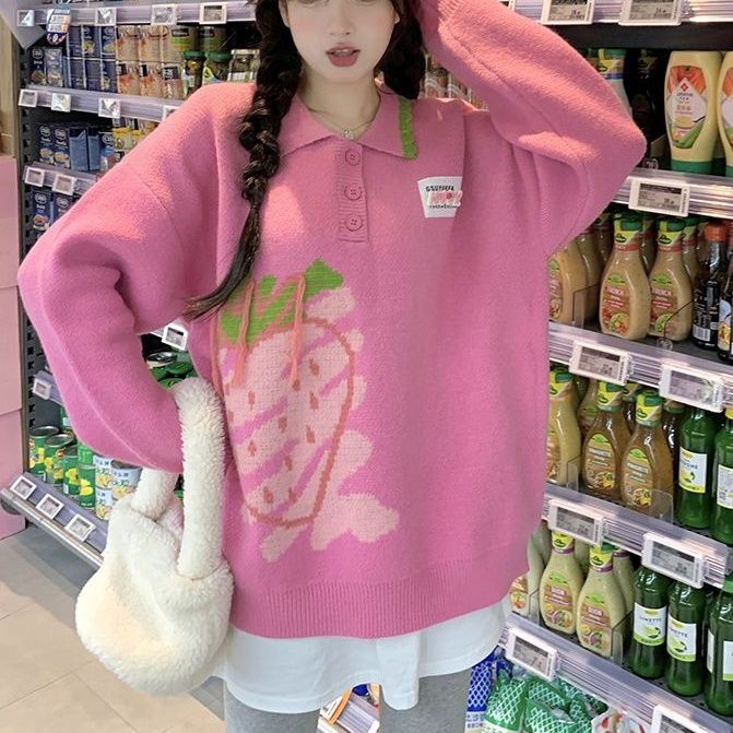 Áo Sweater Dệt Kim Họa Tiết Dâu Tây Phối Tua Rua Dễ Thương