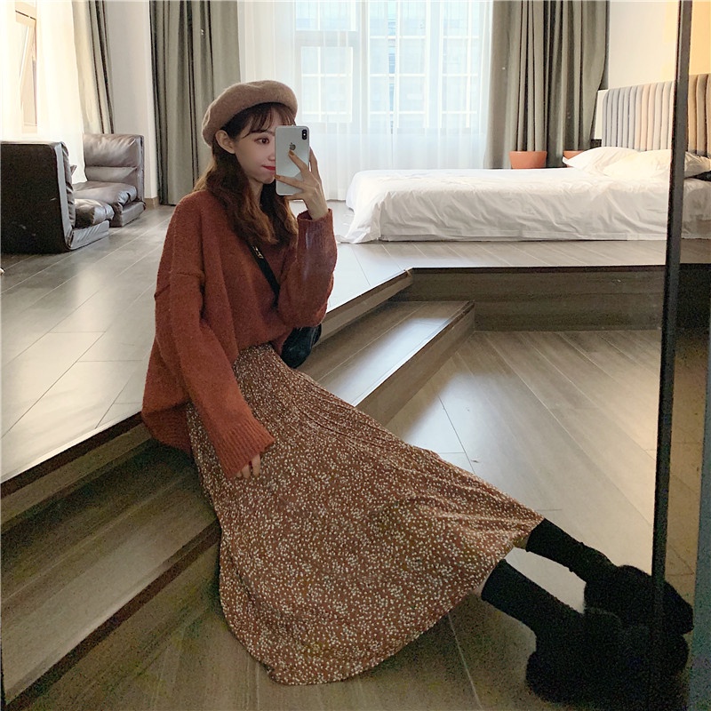 Chân Váy Lửng Lưng Cao Họa Tiết Hoa Thời Trang Thu Đông Cho Nữ