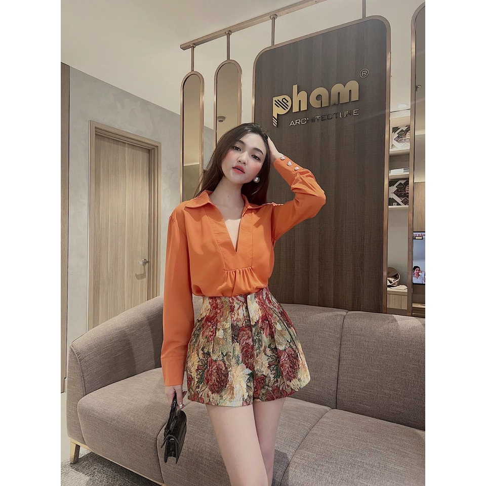 [11.11 Sale Freeship] Set bộ tiểu thư nữ,chất đũi áo dài tay cổ V kèm quần đùi họa tiết có túi đi chơi dạo phố xinh xắn