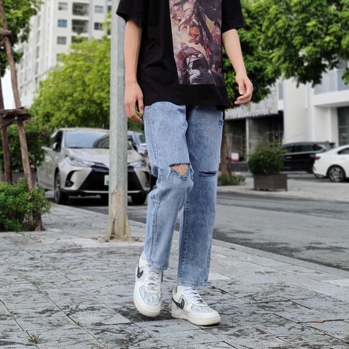 Quần jean baggy nam nữ ống rộng màu xanh rách 2 bên pon.mens