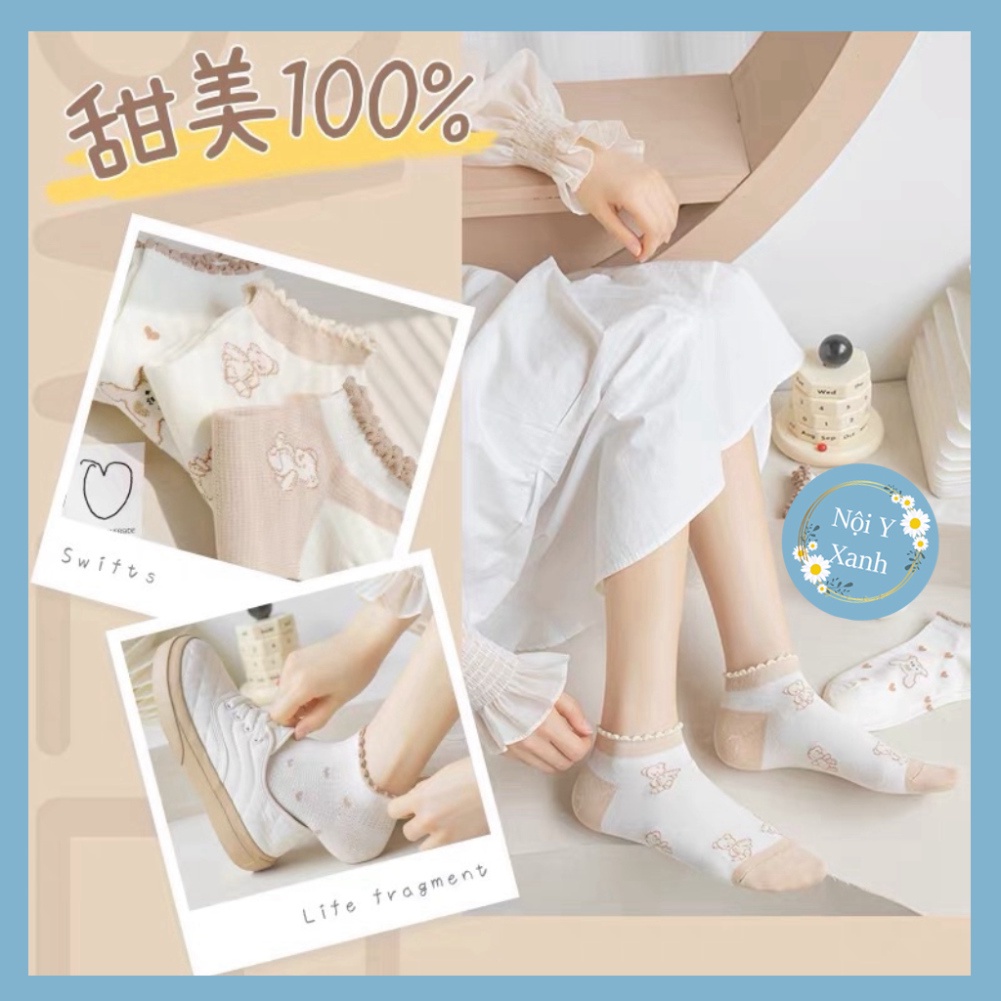 Tất kem tim cổ ngắn nữ, vớ nữ cổ bèo chất vải cotton giãn nở bốn chiều thoáng khí tt10 nội y xanh, chất ấm, thoáng khí